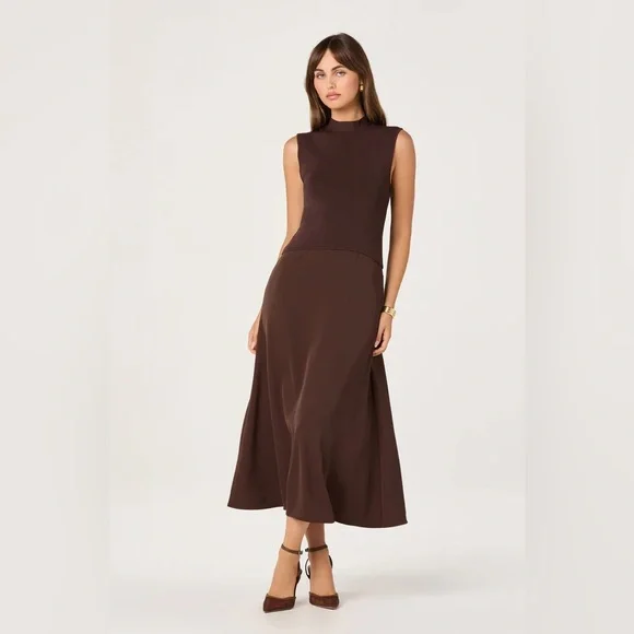 ASTR THE LABEL High Neck Tie Back Brown Midi Dress M - Picture 1 of 6